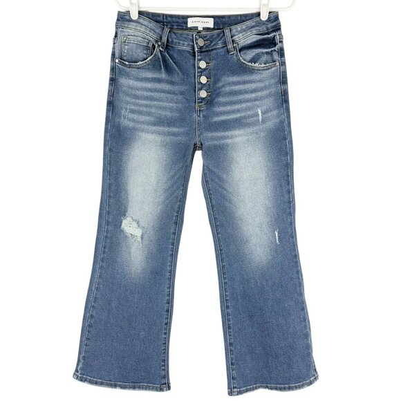 Risen Jeans Womens Distressed Stretch Button-Fly Wide Leg Blue Denim Jeans 11/30 - Picture 1 of 10